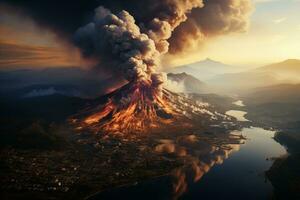 ai gerado aéreo Visão do uma maciço vulcânico erupção foto