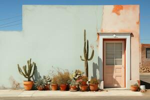 ai gerado cactos e cactos dentro panelas dentro frente do uma azul parede ao ar livre foto