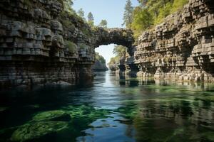 ai gerado lindo Visão do a profundo carste desfiladeiro com natural ponte dentro a montanhas foto