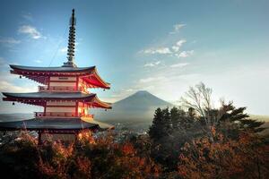 panorama do velho japonês têmpora com a outono folhas árvore foto