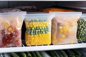 ai gerado congeladas Comida dentro a congelador. congeladas legumes. ai gerado foto