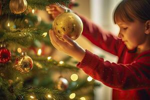 ai gerado criança decoração Natal árvore fechar-se. ai gerado foto