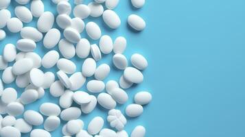 ai gerado topo Visão branco remédio comprimidos antibiótico pílulas em uma suave azul fundo, cópia de espaço, farmacia tema, ai generativo foto
