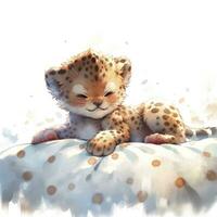 ai gerado uma sonolento bebê leopardo dentro uma roupa de cama, aguarela ilustração. ai gerado foto