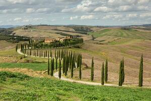 famoso Toscana panorama com curvado estrada e cipreste, Itália, Europa. rural fazenda, cipreste árvores, verde campo, luz solar e nuvem. foto