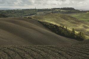 colhido Campos e prados panorama dentro toscana, Itália. ondulado país cenário às outono pôr do sol. arável terra pronto para a agrícola temporada. foto