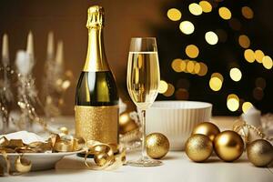 ai gerado Natal mesa configuração com feriado decorações dentro vinho garrafa e vinho óculos contra bokeh fundo foto