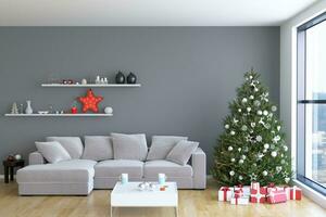 Natal interior estoque fotos. explorar caloroso e convidativo feriado temático casa configurações, adornado com cintilante luzes, meias, e belas decorado Natal árvores foto