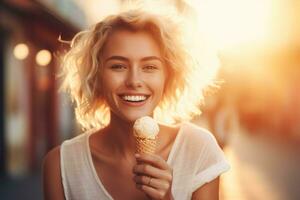 ai gerado uma feliz jovem caucasiano mulher segurando gelo creme cone. generativo ai. foto