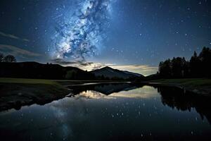 ai gerado leitoso caminho refletido em lago. ai gerado foto