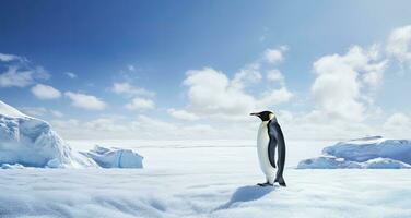 ai gerado pinguim em pé dentro Antártica olhando para dentro a azul céu. ai gerado foto