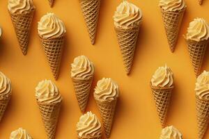 ai gerado incorporar uma variedade do waffle cones com diferente gelo creme sabores. ai gerado foto