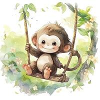 ai gerado fofa feliz bebê macaco em balanços em uma árvore dentro aquarela. ai gerado foto