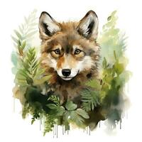 ai gerado Lobo animal dentro vegetação para crianças emocional aquarelas. ai gerado foto