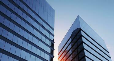 ai gerado dois moderno edifícios com vidro janelas. arquitetura Projeto do edifícios. ai gerado foto