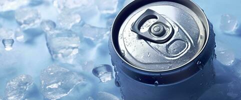 ai gerado topo do beber lata pode gelado submerso dentro geada gelo, metal alumínio bebida. generativo ai foto
