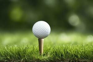 ai gerado branco golfe bola em de madeira tee com grama. generativo ai foto