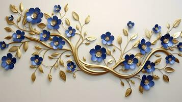 ai gerado elegante ouro e real azul floral árvore com folhas e flores suspensão galhos ilustração fundo. ai gerado. foto