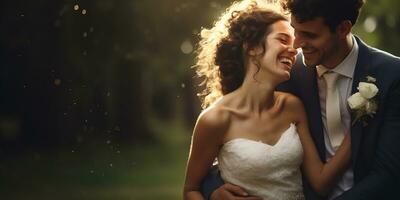 ai gerado feliz recém-casado casal. noiva e noivo tendo Diversão às a casamento, dentro Casamento se adequa. marido e esposa, lua de mel foto