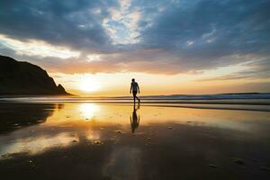 ai gerado uma pessoa caminhando em a de praia às pôr do sol. ai gerado. foto