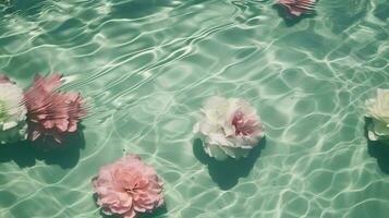 ai gerado Rosa peônias dentro uma hortelã verde ondulado água com Sol brilhos plano deitar foto