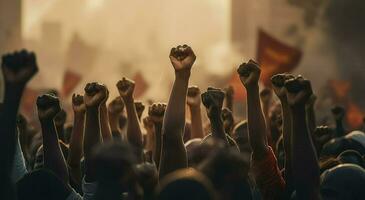 ai gerado político protesto com manifestantes mãos. batida, revolução, conflito vetor fundo. ilustração greve político manifestante e demonstração foto