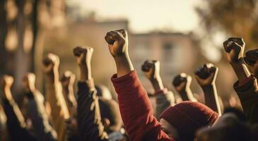 ai gerado político protesto com manifestantes mãos. batida, revolução, conflito vetor fundo. ilustração greve político manifestante e demonstração foto