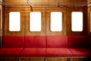 vermelho cadeira e em branco tela janelas dentro elétrico trem, em branco tela para produtos mostrar, esvaziar tela Painel publicitário. foto