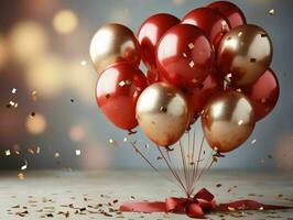 ai gerado à moda vermelho e ouro metálico vermelho e ouro balões com confete. dia dos namorados dia, internacional mulheres dia, romântico fundo foto