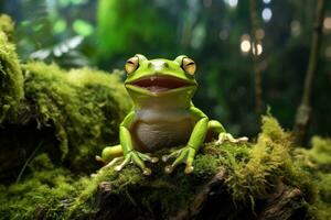 ai gerado verde árvore rã sentado em musgo dentro a floresta tropical. animais selvagens cena a partir de natureza. foto