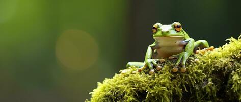 ai gerado verde árvore rã sentado em musgo dentro a floresta tropical. animais selvagens cena a partir de natureza. foto