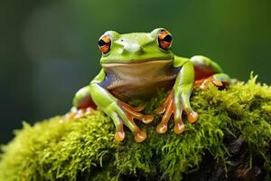 ai gerado verde árvore rã sentado em musgo dentro a floresta tropical. animais selvagens cena a partir de natureza. foto