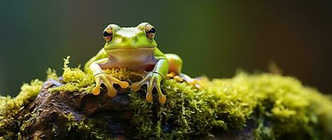 ai gerado verde árvore rã sentado em musgo dentro a floresta tropical. animais selvagens cena a partir de natureza. foto