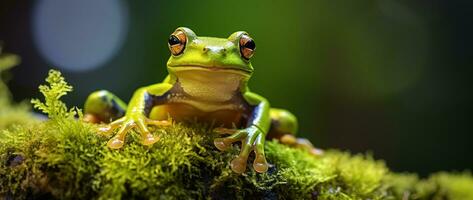 ai gerado verde árvore rã sentado em musgo dentro a floresta tropical. animais selvagens cena a partir de natureza. foto