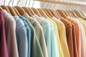 ai gerado colorida roupas em uma roupas prateleira, pastel colorida armário de roupa dentro uma compras loja ou quarto, arco Iris cor roupas escolha em cabides, casa guarda roupa conceito imagem. ai generativo foto