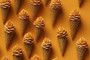 ai gerado incorporar uma variedade do waffle cones com diferente gelo creme sabores. ai gerado foto