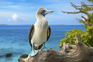 ai gerado a raro de pés azuis booby descansos em a de praia. ai gerado foto