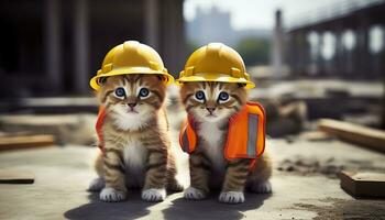 ai gerado dois gatinhos vestindo Difícil chapéus em uma construção local. generativo ai foto