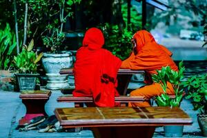 dois monges dentro vermelho vestes sentado às uma mesa foto