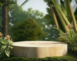 ai gerado de madeira produtos exibição pódio para Cosmético produtos com verde natureza fundo. generativo ai foto