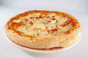 uma pizza com queijo e tomate em uma branco fundo foto