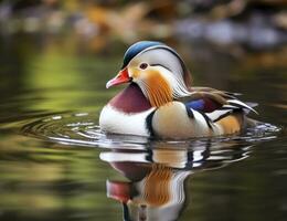 ai gerado fechar-se do mandarim Pato natação dentro lago. generativo ai. foto