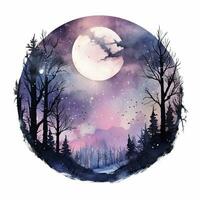 ai gerado floresta lua silhueta com fada brilhando dentro a noite céu em uma branco fundo. ai gerado foto