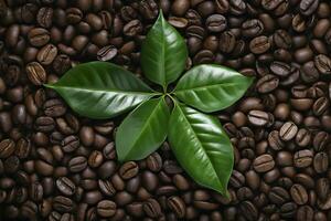 ai gerado verde folhas com café feijões Como fundo. ai gerado foto