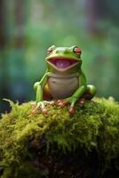 ai gerado verde árvore rã sentado em musgo dentro a floresta tropical. animais selvagens cena a partir de natureza. foto