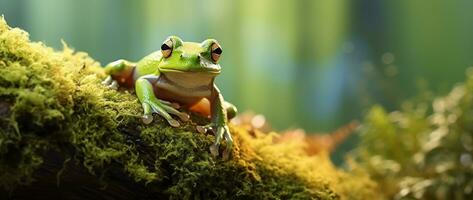 ai gerado verde árvore rã sentado em musgo dentro a floresta tropical. animais selvagens cena a partir de natureza. foto