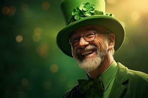 ai gerado retrato do uma feliz duende com trevo folhas. st. patrick's dia. foto