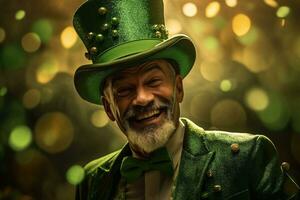 ai gerado retrato do uma feliz duende com trevo folhas. st. patrick's dia. foto