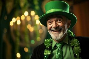 ai gerado retrato do uma feliz duende com trevo folhas. st. patrick's dia. foto