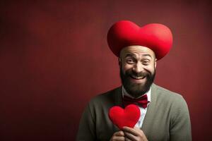 ai gerado retrato do uma feliz homem com uma vermelho coração em dia dos namorados dia conceito. foto